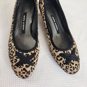 Mila Schon Size 6 Slip On Calf Pony Hair Leopard Shoes Made In Italy Kitten Heel